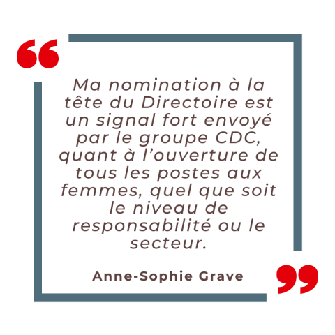 ma nomination à la tête du directoire est un signal fort envoyé par le groupe CDC, quant à l'ouverture de tous les postes aux femmes, quel que soit le niveau de responsabilité ou le secteur.