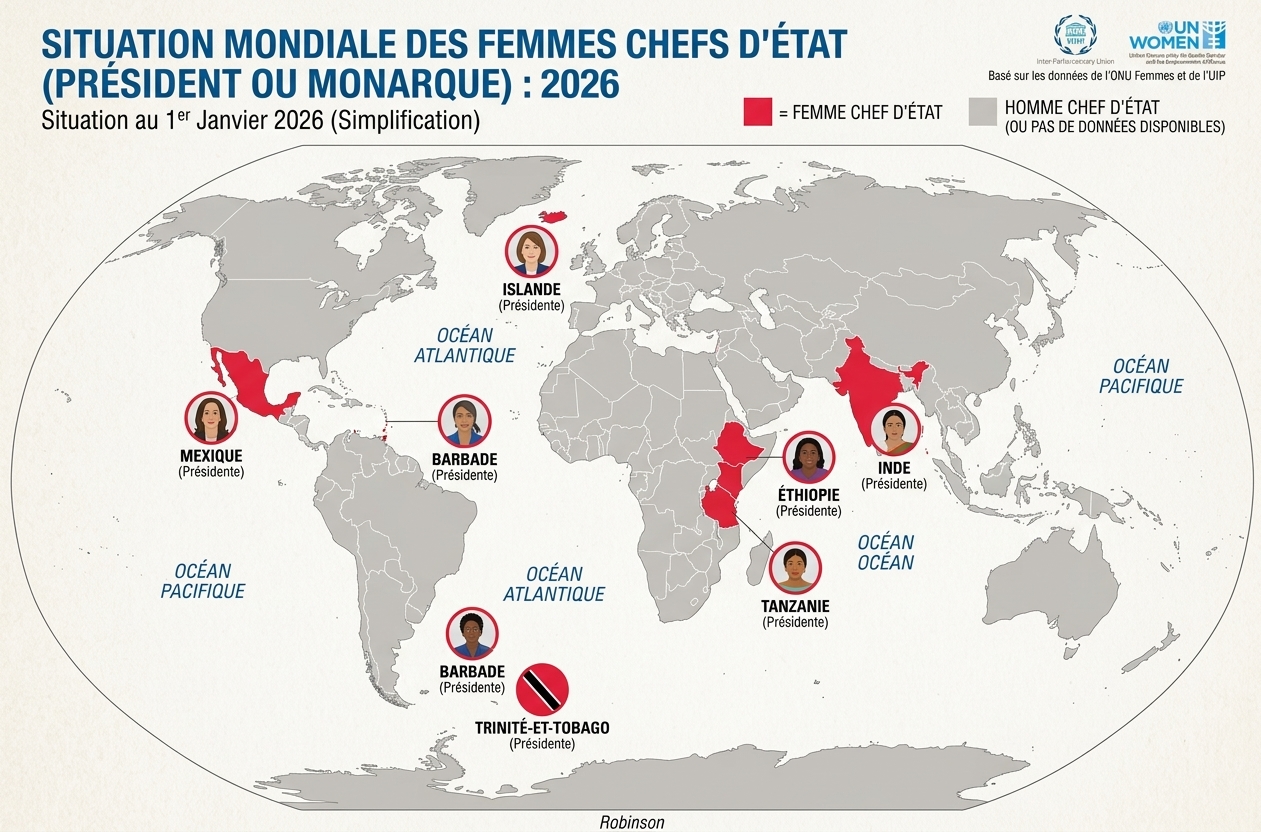 Carte du monde avec les femmes chefs d'état